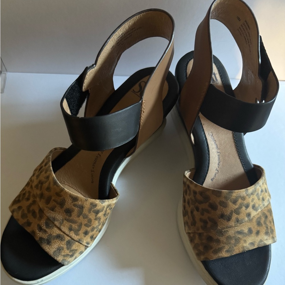 Sofft Leopard Print Wedge Sandals with Black and Tan Straps